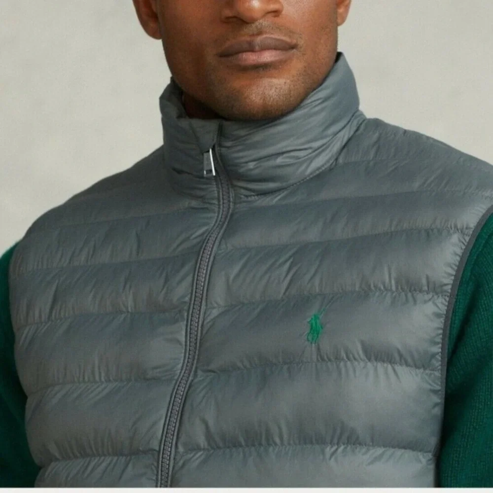 Polo Ralph Lauren Men XXL Gray Quilted Puffer Vest Full Zip Mock Neck Pony Logo‎